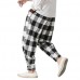 Men Casual Harem Plaid Loose Pants Button Adjustable Ankle Long Joggers Trousers