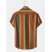 Mens Vintage Striped Geo Print Lapel Holiday Short Sleeve Shirts