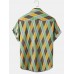 Mens Color Block Contrast Geometric Lapel Short Sleeve Shirt