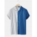 Mens Striped Lapel Patchwork Button Up Short Sleeve Shirts