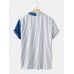 Mens Striped Lapel Patchwork Button Up Short Sleeve Shirts