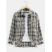 Mens Vintage Plaid Lapel Double Pocket Casual Long Sleeve Shirts