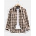 Mens Vintage Plaid Lapel Double Pocket Casual Long Sleeve Shirts