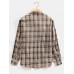 Mens Vintage Plaid Lapel Double Pocket Casual Long Sleeve Shirts