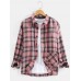 Mens Plaid Button Up Lapel Cotton Long Sleeve Shirts With Pocket