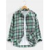 Mens Plaid Button Up Lapel Cotton Long Sleeve Shirts With Pocket