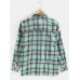 Mens Plaid Button Up Lapel Cotton Long Sleeve Shirts With Pocket