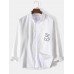 Mens Solid Color Bear Pocket Cotton Long Sleeve Lapel Shirt