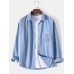Mens Solid Color Bear Pocket Cotton Long Sleeve Lapel Shirt