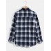 Mens Plaid Chest Pocket Long Sleeve Curved Hem Casual Shirts