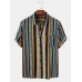 Mens Vintage Striped Print Ethnic Style Short Sleeve Holiday Shirt