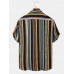 Mens Vintage Striped Print Ethnic Style Short Sleeve Holiday Shirt