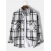Mens Plaid Print Double Pockets Cotton Lapel Long Sleeve Casual Shirt