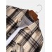 Mens Plaid Print Double Pockets Cotton Lapel Long Sleeve Casual Shirt