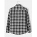 Mens Classical Plaid Print Cotton Button Front Lapel Long Sleeve Shirt