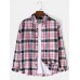 Mens Plaid Print 100% Cotton Casual Button Up  Lapel Long Sleeve Shirt
