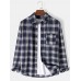 Mens Regular Plaid Print 100% Cotton Chest Pocket Lapel Long Sleeve Shirt