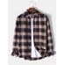 Mens 100% Cotton Regular Check Print Button Long Sleeve Lapel Shirt
