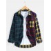 Mens 100% Cotton Plaid Patchwork Lapel Casual Long Sleeve Shirts