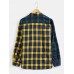 Mens 100% Cotton Plaid Patchwork Lapel Casual Long Sleeve Shirts