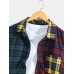 Mens 100% Cotton Plaid Patchwork Lapel Casual Long Sleeve Shirts