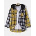 Mens Contrast Plaid Patchwork 100% Cotton Long Sleeve Hooded Shirts
