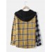 Mens Contrast Plaid Patchwork 100% Cotton Long Sleeve Hooded Shirts