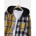 Mens Contrast Plaid Patchwork 100% Cotton Long Sleeve Hooded Shirts