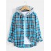 Mens Plaid Button Up 100% Cotton Casual Long Sleeve Hooded Shirts