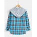 Mens Plaid Button Up 100% Cotton Casual Long Sleeve Hooded Shirts