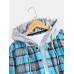 Mens Plaid Button Up 100% Cotton Casual Long Sleeve Hooded Shirts