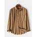 Mens 100% Cotton Vertical Striped Stand Collar Casual Long Sleeve Shirts
