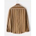 Mens 100% Cotton Vertical Striped Stand Collar Casual Long Sleeve Shirts
