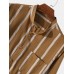 Mens 100% Cotton Vertical Striped Stand Collar Casual Long Sleeve Shirts