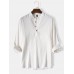 Mens Solid Stand Collar Linen Long Sleeve Henley Shirts With Sleeve Tabs