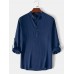 Mens Solid Stand Collar Linen Long Sleeve Henley Shirts With Sleeve Tabs