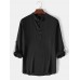 Mens Solid Stand Collar Linen Long Sleeve Henley Shirts With Sleeve Tabs