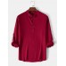 Mens Solid Stand Collar Linen Long Sleeve Henley Shirts With Sleeve Tabs