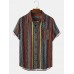 Mens Geometry Stripe Print Lapel Pocket Short Sleeve Shirts