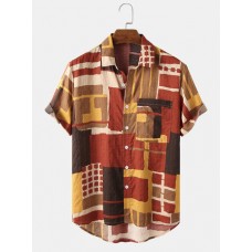 Mens 100% Cotton Color Block Contrast Lapel Short Sleeve Shirt