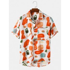 Mens 100% Cotton Color Block Cartoon Print Lapel Short Sleeve Shirt