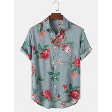 Mens 100% Cotton Flower Print Pocket Lapel Shirt
