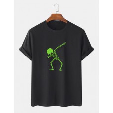 Mens 100% Cotton Skeleton Printed O-Neck Short Sleeve T-Shirts