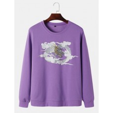 Mens Dragon & Cloud Print Round Neck Cotton National Style Sweatshirts