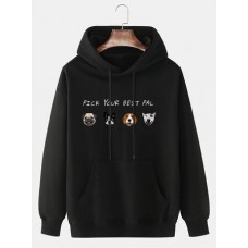 Mens Cartoon Animal & Letter Print Drop Shoulder Hoodies With Pocket