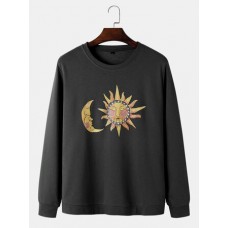 Mens Sun & Moon Celestial Graphic Round Neck Pullover Cotton Sweatshirts