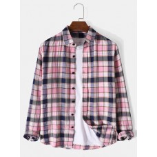 Mens Plaid Print 100% Cotton Casual Button Up  Lapel Long Sleeve Shirt