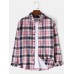 Mens Plaid Print 100% Cotton Casual Button Up  Lapel Long Sleeve Shirt