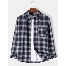 Mens Regular Plaid Print 100% Cotton Chest Pocket Lapel Long Sleeve Shirt