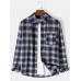 Mens Regular Plaid Print 100% Cotton Chest Pocket Lapel Long Sleeve Shirt